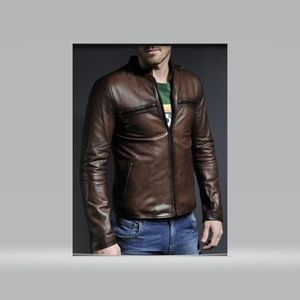 Antique brown fitted motorcyle leather jacket